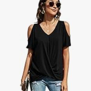 Sz M Black Yeahill Womens Cold Shoulder Top Short Sleeve Front Twist Stretch Nwt